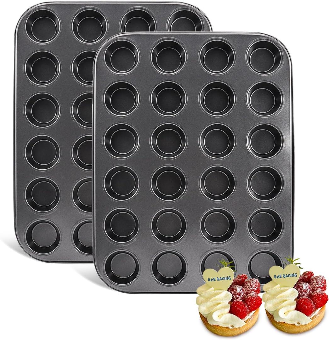2 Pack Premium Bakeware 24-Cup, Mini Muffin Pan, Dishwasher Oven Safe (Black, Steel)