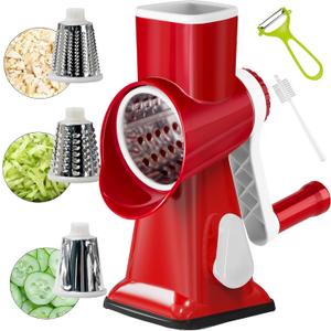 Rotary Cheese Grater Multi-Purpose Stainless Steel Cheese Shredder - Cheese Grater With Handle Effortless Grating of Carrots, Potatoes, Vegetables, and Fruits (Red)