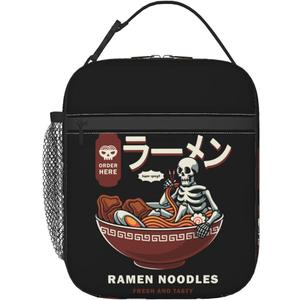 cromcu Insulated Lunch Box for Kids Adults Ramen Lunch Box for Work,Picnic,School,Travel,Hiking,Beach or Fishing Polyester Skull Eat Ramen Theme Lunch Bag
