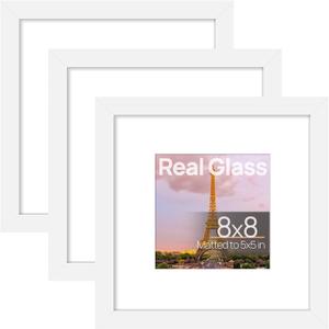 Upsimples 8x8 Picture Frame Made of High Definition Glass, Display Pictures 5x5 with Mat or 8x8 Without Mat, Gallery Wall Frame Set, White