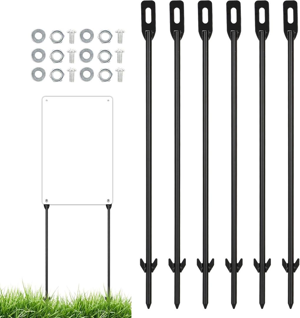 6 Pack Yard Sign Stakes, 16 Inch Metal Stakes for Yard Signs, Fits Sign 7 to 12 Inch, Signs Holder Stand for Fence Road Parking Street Stop Camping or Plant (Black)