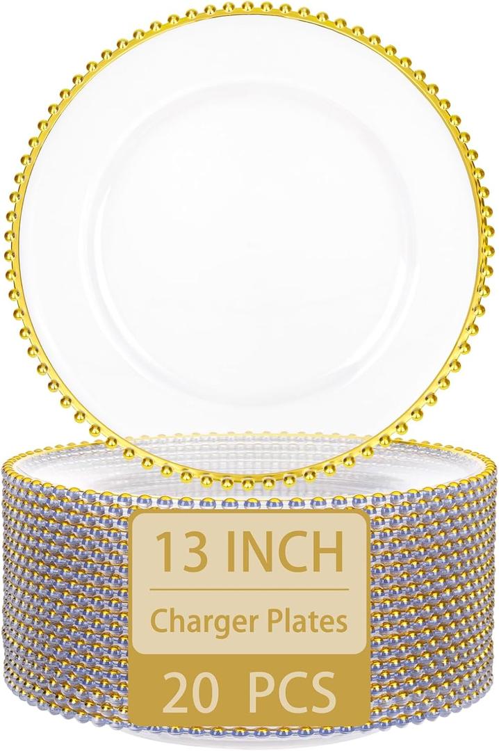 supernal 20pcs Clear Charger Plates, Gold Chargers Plates for Dinner, Beaded Plates 13 Inch Suitable For Valentine's Day, Mother's Day, Easter Party and Birthday, Wedding