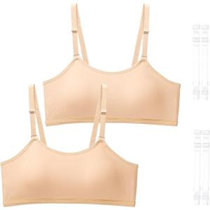 SALIA GIRL Training Bra for Girls 10-16 with Fixed Padding, Girls Bras for Teens Cami Bra with Replaceable Clear Straps (2p-nude)