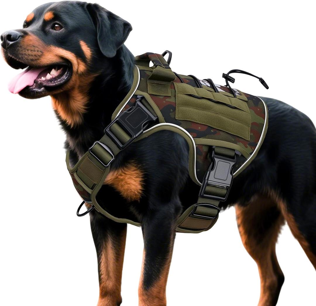 Heavy-Duty Tactical Dog Harness for Large Dogs, No Pull Adjustable Reflective Pet Vest with Molle System, K9 Military-Grade Control for Service Training, Outdoor & 10+ Breeds, Green Camo, X-Large (XL: 65-110 lbs (Chest: 29-38'', Neck: 21-30''))
