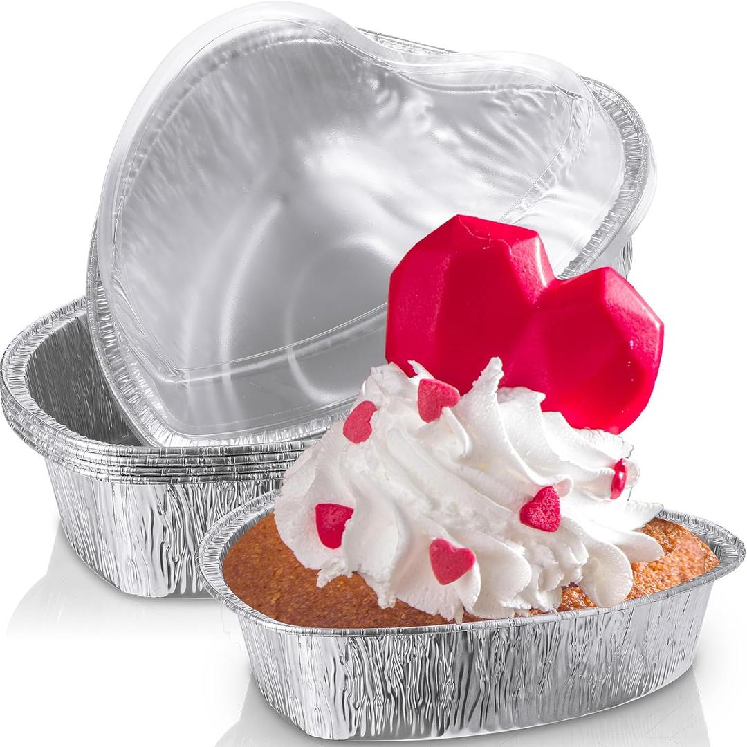 Hushee 6 Pcs Valentines Day Cake Pan Heart Shaped Pan with Lids 27 oz Large Size Food Containers Aluminum Foil Heart Food Packing Takeaway Boxes for Valentines Day, 7.4 Inch