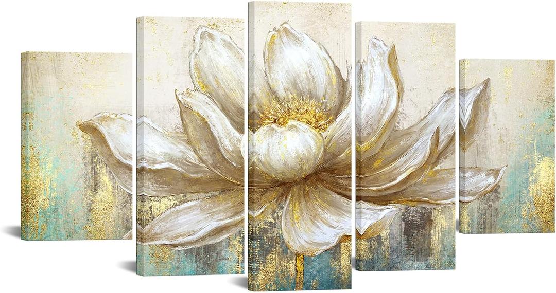KREATIVE ARTS Large 5 Pieces Lotus Flower Blooming Wall Art Canvas Print Painting Modern Peaceful Still Life Artwork Zen Golden Floral Artwork for Meditation Room Decoration 60x32 Inches