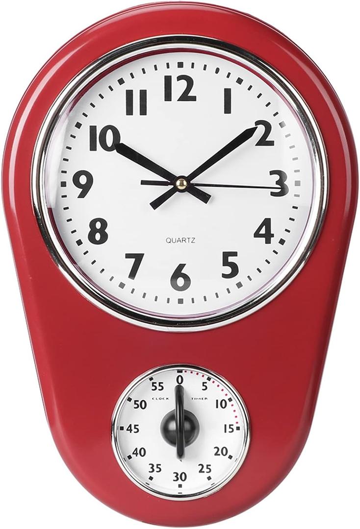Retro Kitchen Timer Wall Clock,Hanging Clock with Timer | Hanging Clock | Home & Office | Bathroom & Kitchen | Indoor Decor | Classic Style(Red)