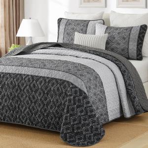 Cottolester Boho Quilt Set Full Size 3 Pieces,Grey Striped Plaid Bedspread,Soft Microfiber Bedding Set with 2 Pillow Shams 78"x90"