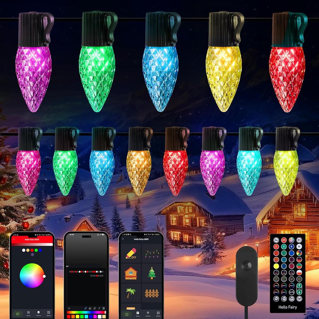 Brightown C9 LED Christmas Lights Outdoor, 150LED RGB Smart Christmas Tree Lights Music Sync DIY APP Controlled, Waterproof Connectable C9 String Lights for House Indoor Patio Xmas Decoration (99 Ft C9)