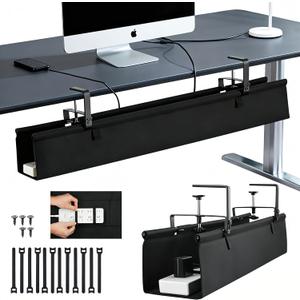Oxford Cloth Under Desk Cable Management Tray,No-Drill 36" Desk Cable Management Organizer with Clip/Screw Installation,Fabric Cable Management for Home,Office & Gaming Computer(Black)
