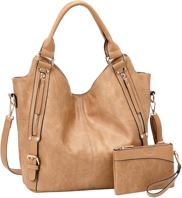 Women Tote Bag Handbags PU Leather Fashion Hobo Shoulder Bags with Adjustable Shoulder Strap (Large, Apricot)