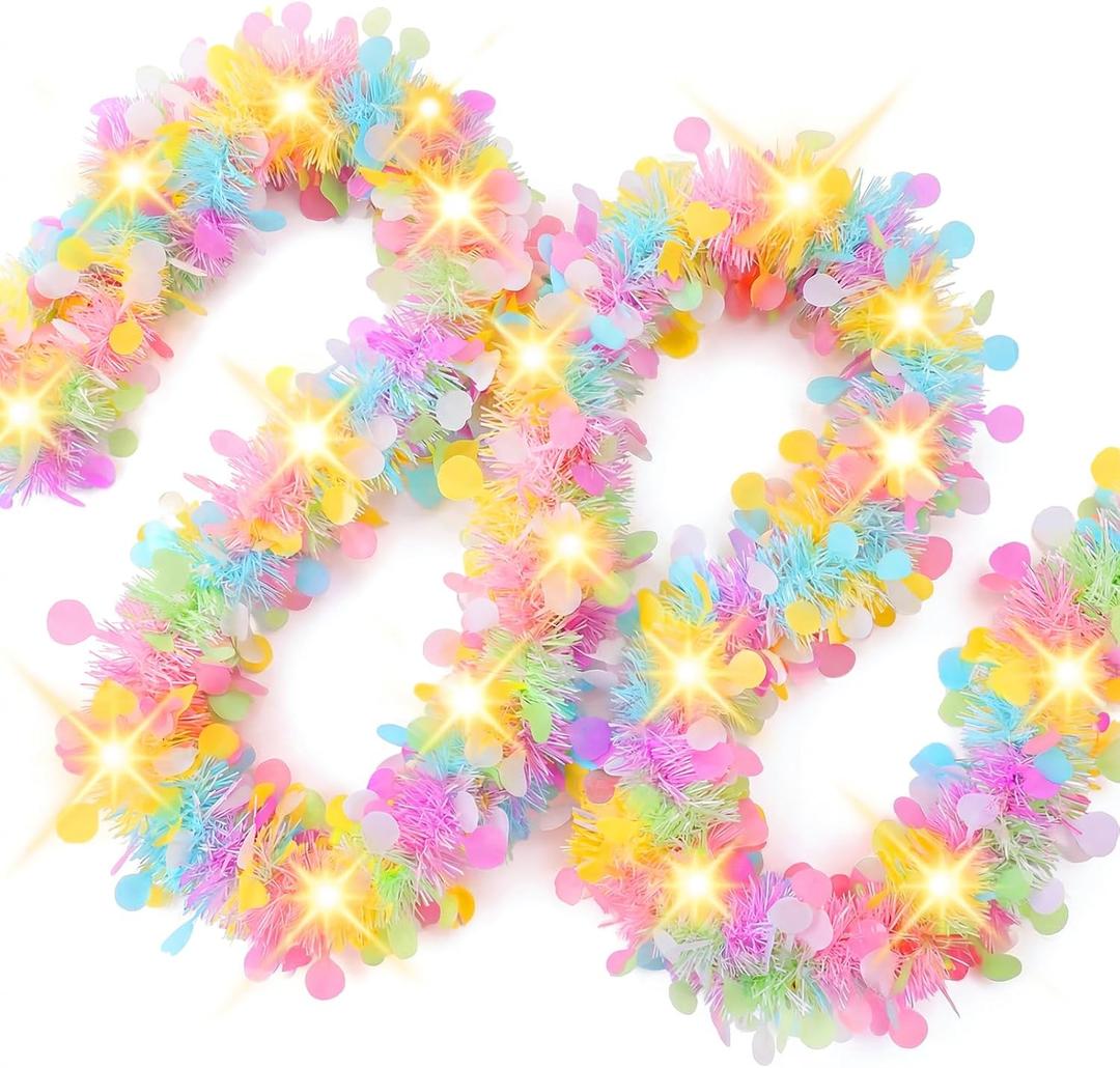 33ft Easter Tinsel Garland with LED Lights Colorful Spring Garland Perfect Easter Decorations Indoor Decor for Mantle, Home & Holiday