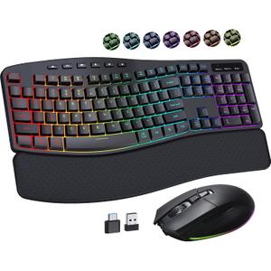COLIKES Ergonomic Wireless Keyboard and Mouse Silent, Rechargeable Wave Keyboard with 15 Lighting RGB Backlit Effects, Soft Leather Wrist Rest, 3200 DPI Mouse for PC Computer Laptop Windows Mac