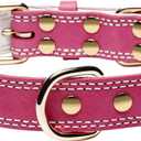 Dog Collar,Genuine Leather Heavy Duty Dog Collar for Small, Medium,Large and Extra Large Dogs (M: 1" Wide for 15.2"-19.2" Neck,Dual Stitch - Pink)
