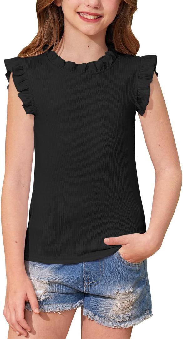 BesserBay Girls Summer Flutter Sleeve Shirts Knit Ruffle Collar Slim Fit Casual Vertical Texture Tank Tops 5-14 Years