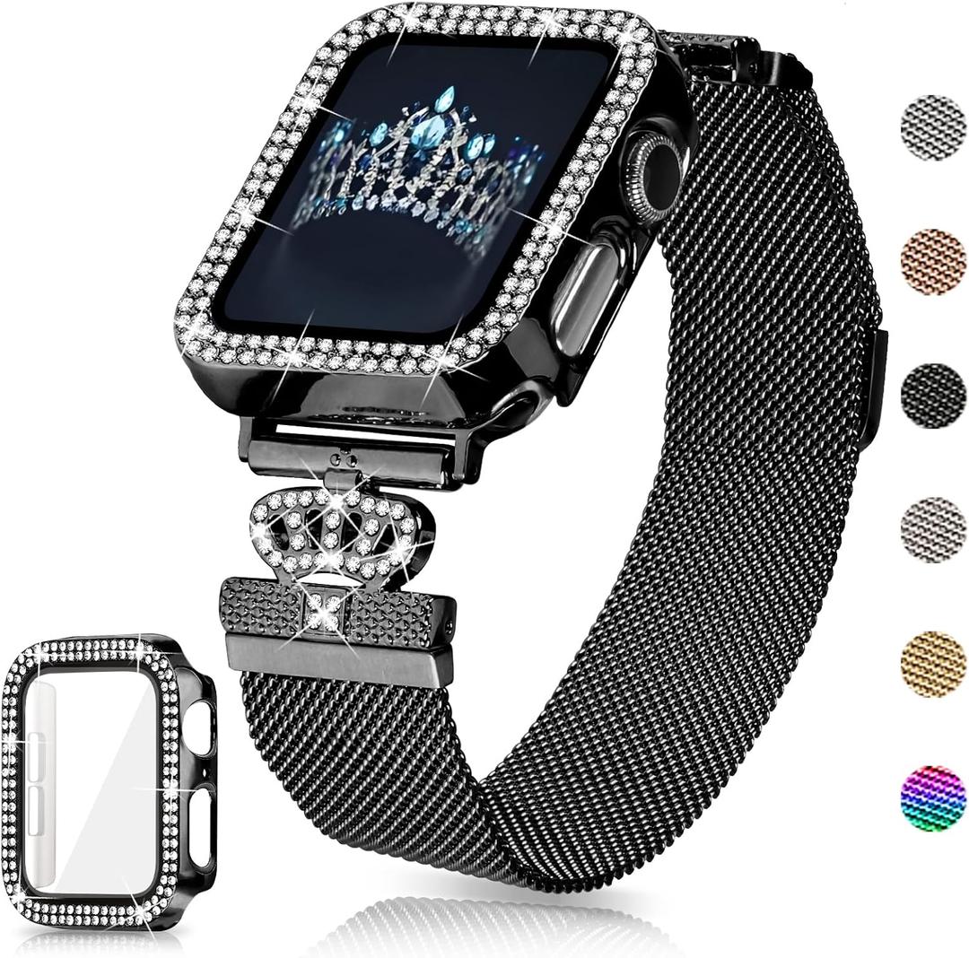 Magnetic Band Compatible with Apple Watch 38mm 40mm 41mm 42mm 44mm 45mm 46mm Stainless Steel Metal Strap with Bling Case and Built-in Screen Protector, Dressy Milanese Loop iWatch Bands for Women (Black) Size: 41MM for Series 9/8/7