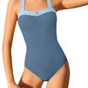 Shallmu Girls One Piece Swimsuits Color Block Dual Crossback Straps with Cover Up Skirt Girl's Swimwear 9-16Y (Blue)