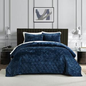 Homzard Velvet Quilt Set Queen Size Bedding Set, Blue Queen Size Comforter Set,Navy Blue Bedspreads, Luxurious Plush Bedding Sets，Soft Lightweight for All Season