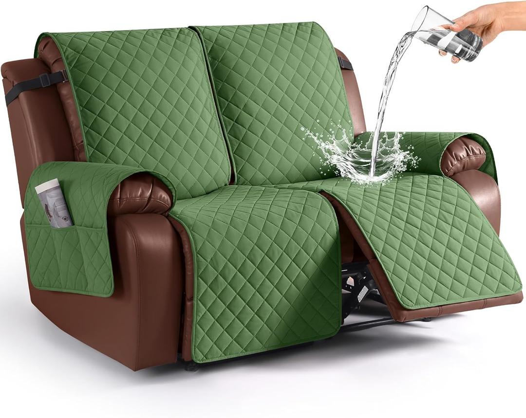 KinCam Waterproof Loveseat Recliner Cover, Non-Slip Reclining Couch Covers for 2 Seat, Recliner Sofa Cover Furniture Protector with Elastic Straps for Kids, Pets, Vine Green