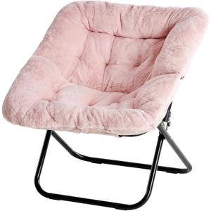 Simple Deluxe Oversized Square Moon Chair for Adults, Soft Faux Fur Folding Lounge Chair with Sturdy Steel Frame, Comfortable Reading Gaming Chair for Living Room, Bedroom, Pink, Square-30 Inches