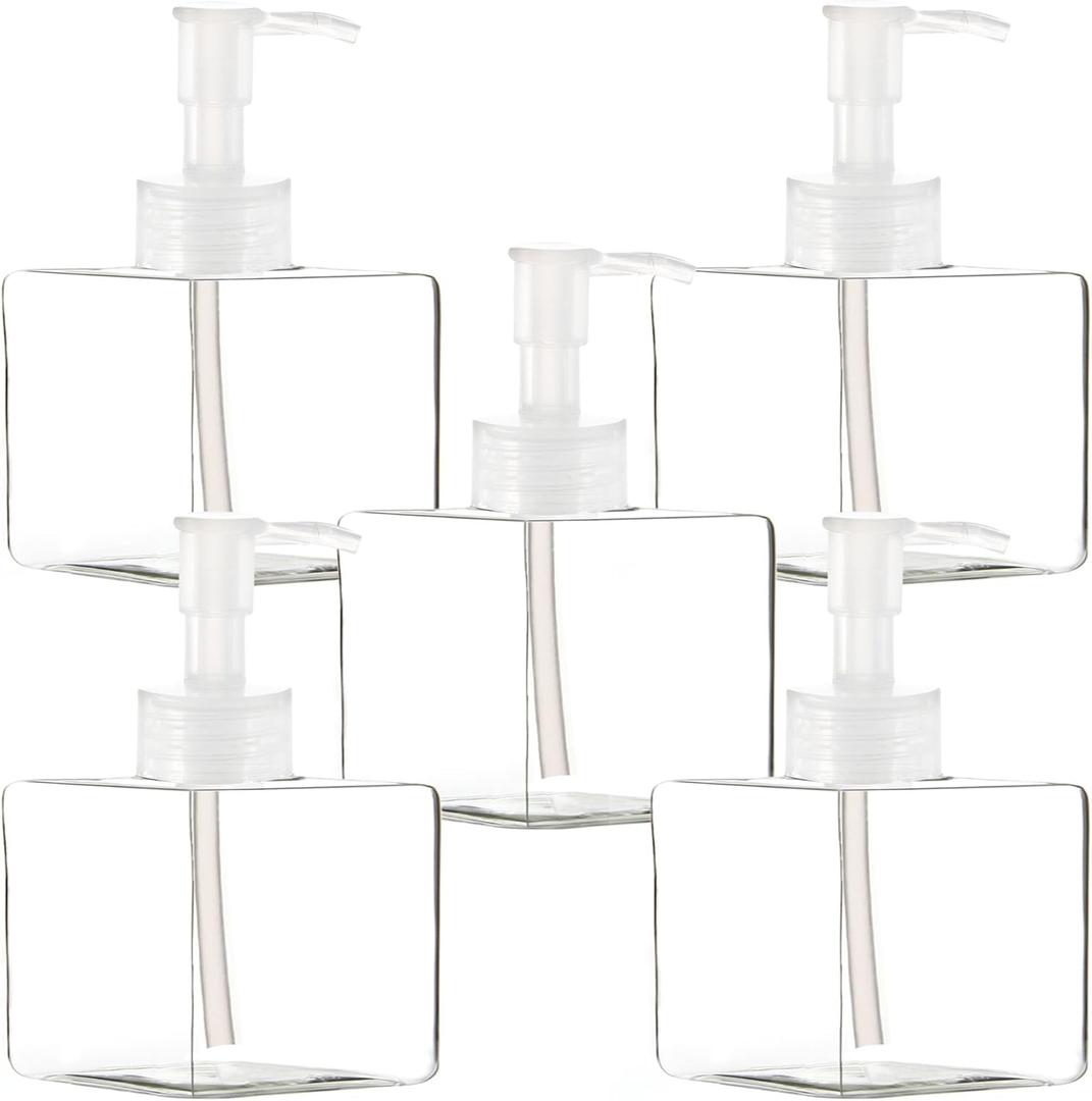 Youngever 5 Pack Clear Plastic Square Pump Bottles, Refillable Plastic Pump Bottles for Dispensing Lotions, Shampoos (8 Ounce Clear)