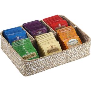 ELLDOO Tea Bag Organizer Tray, Sugar Packet Holder Coffee Pod Storage Condiment Organizer Seagrass Divided Basket for Pantry Coffee Bar Drawer Shelf Countertop, Whitewash