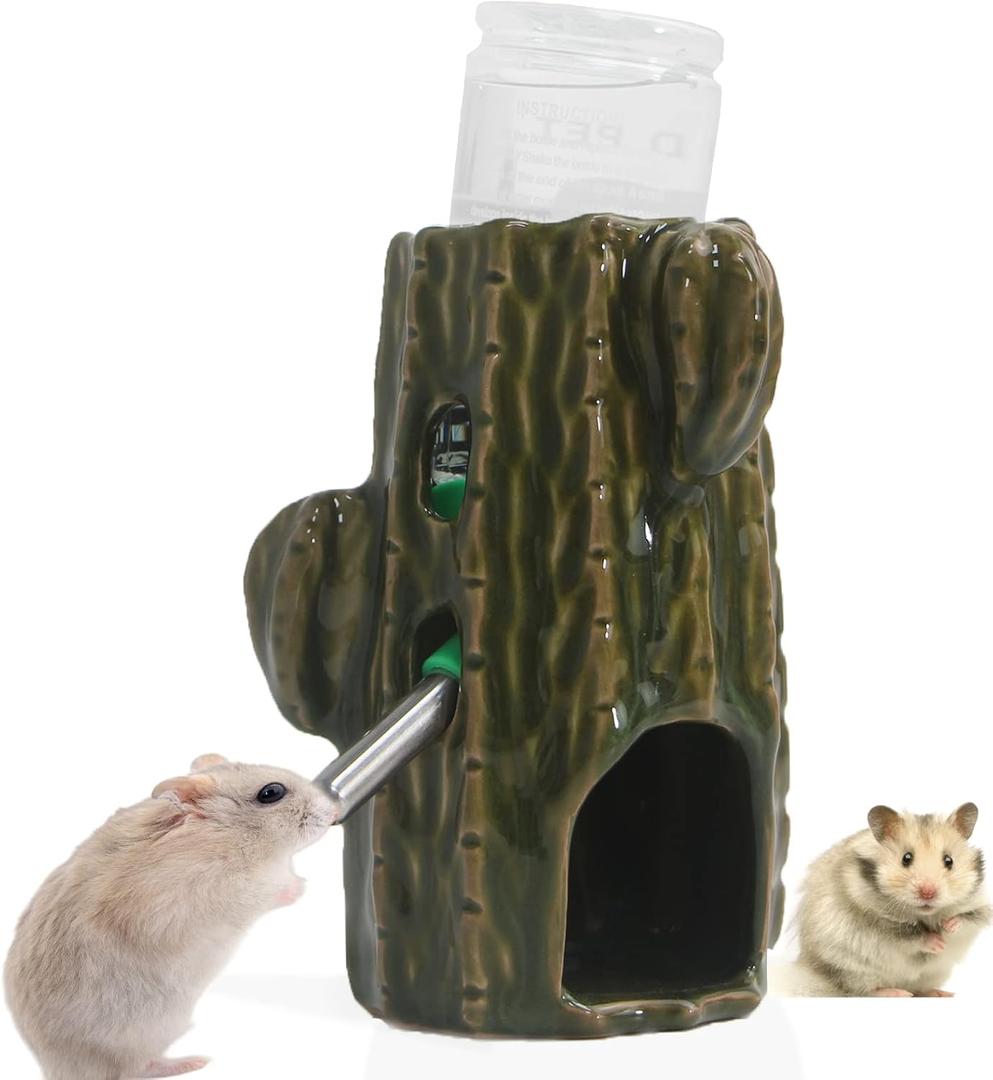 Hamster Water Bottle for Glass Tank, 3-in-1 Adjustable Ceramic Cactus Stand, 80ML No Drip for Syrian Dwarf Mice Rat Gerbil Guinea Pig (Dark Green)