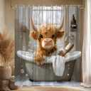 Highland Cow Shower Curtain Funny Bull in Bathtub Bubbles Western Rustic Farmhouse Cattle Cute Calf Wooden Board Watercolor Animal Bathroom Decor Polyester Curtains with Hooks,70Wx70L