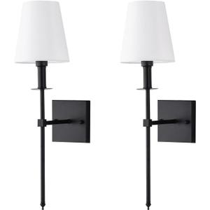 TISLYCO Matte Black Slim Wall Sconces Set of 2 with White Fabric Shades, Indoor Wall Light Column Stand Wall Lamp for Bedroom Living Room Hallway, Vanity Light Fixture
