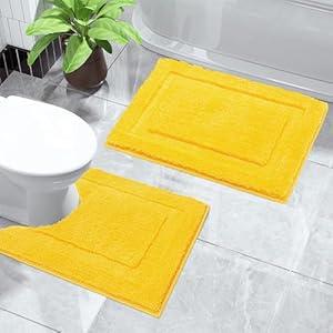 SHACOS Bathroom Toilet Rugs Set of 2 Pieces Small Bath Rugs with U Shape Toilet Rugs Set 16x24 + 20x24 inch Soft Absorbent Bath Mats Non Slip Plush Shower Rug Machine Washable, Yellow