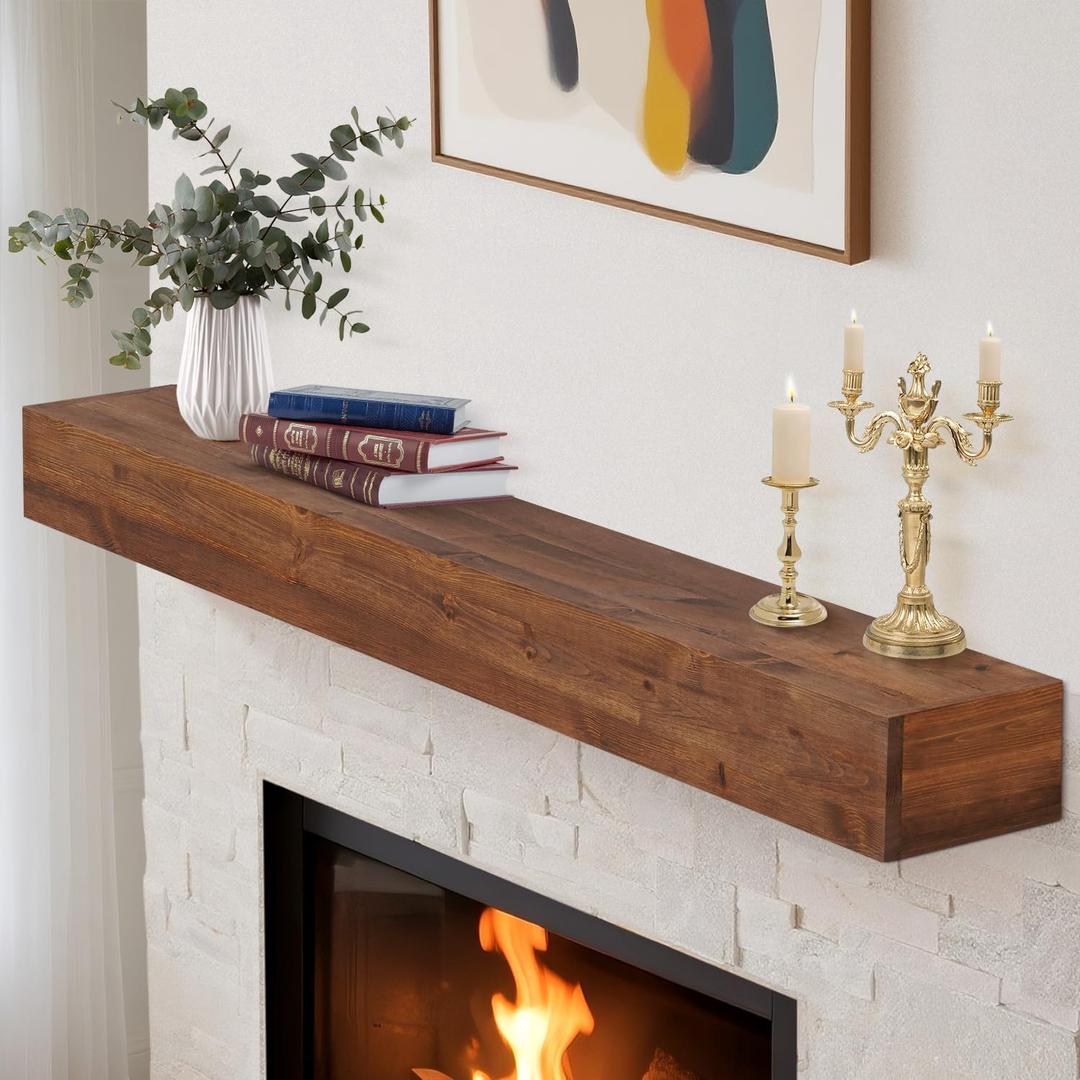 Fireplace Mantle Shelf - 6085Inch Handcrafted Wall Floating Mantel Shelf for Over Fireplace - Rustic Traditional Wooden Fireplace Mantels with Invisible Heavy Duty Wood Bracket (Darkwalnut)