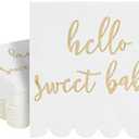 50 Pack 5x5 Inch White Scalloped Napkins with Gold Foil Hello Sweet Baby - Gender Neutral Baby Shower Napkins & Table Decor for Boy Girl Sprinkle Decorations