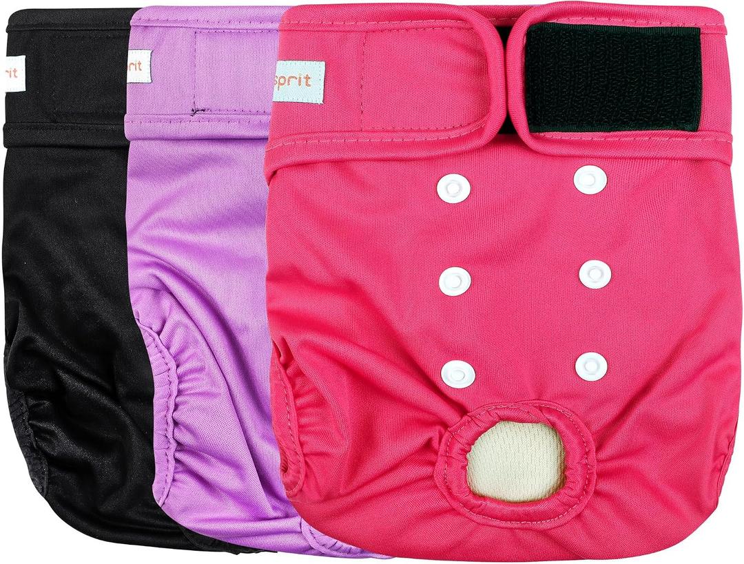 Langsprit Washable Female Dog Diapers (3 Pack) - No Leak Reusable Diapers for Doggy Female in Period - Highly Absorbent Dog Heat Panties with Adjustable Snaps (Black, Pink, Purple, Small)