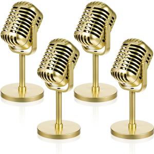 4 Pcs Gold Microphone Props Retro Vintage Plastic Fake Microphones Pretend Mic Centerpiece for Hip Hop Music Birthday Party Decorations Cosplay Podcast Event Rock and Roll