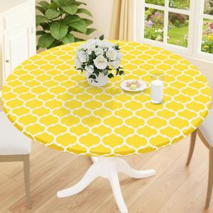 2 x Smiry Round Picnic Tablecloth, Waterproof Elastic Fitted Table Covers for 36" - 44" Tables, Wipeable Flannel Backed Vinyl Tablecloths for Camping, Indoor, Outdoor, Yellow & White, For Up To 36"-44" Round