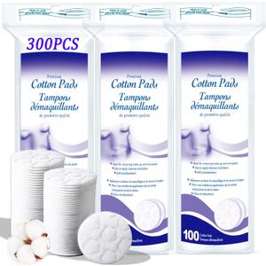 Premium Cotton Pads for Face, 300 Count Round Makeup Remover Pads, 100% Pure & Natural Organic Cotton Rounds, Lint-Free Facial Pads Cleansing Cotton (100 Count (Pack of 3))