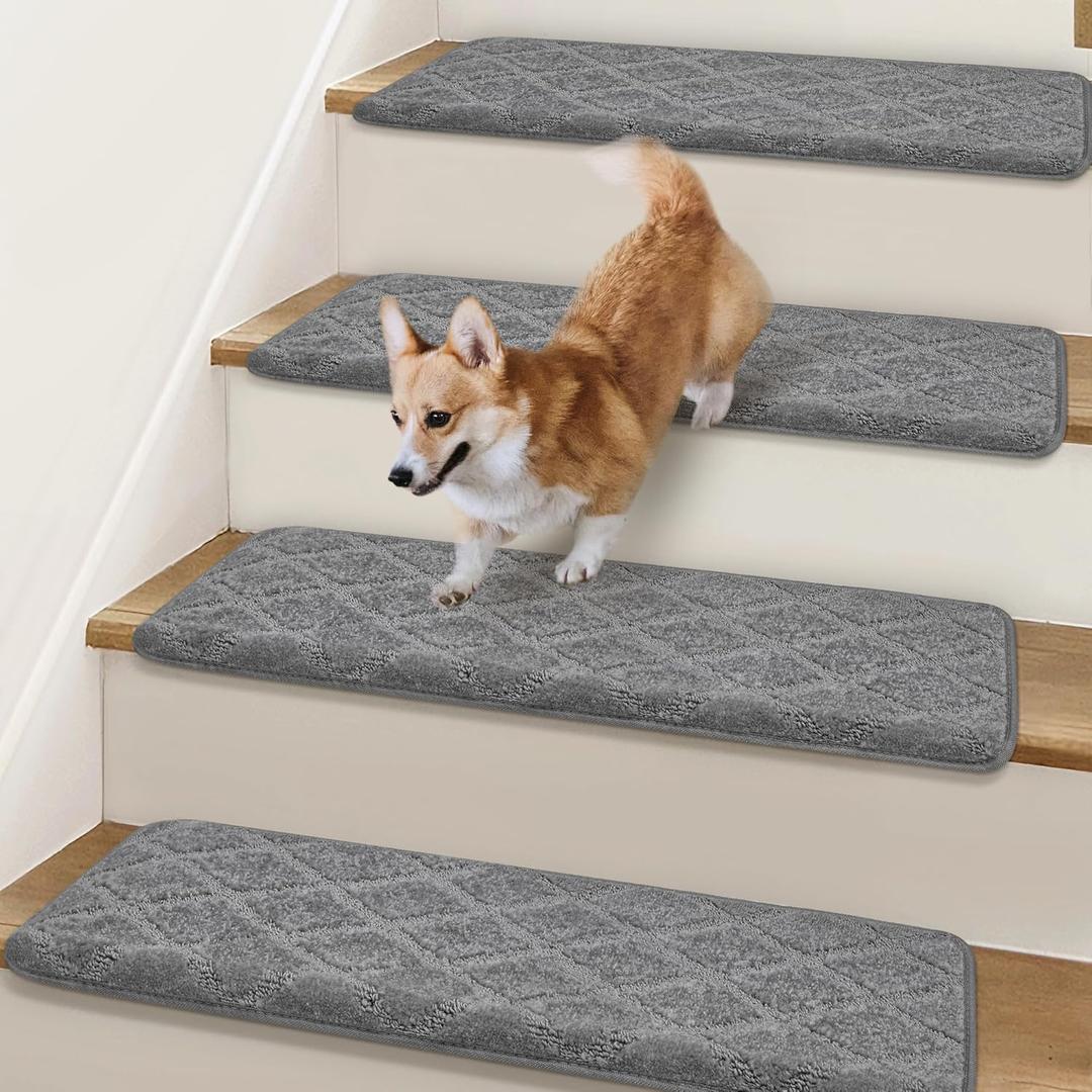 Bullnose Non Slip 9.5" x 32", 14 Pcs Carpet Stair Treads for Wooden Steps Indoor with Edge Protection, Reusable Peel and Stick TPU Backing Stair Runner Rugs - Diamond Pattern Grey (9.5*32 INCH, Grey (Diamond Pattern ))