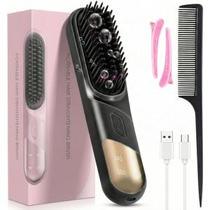 Go Brush Pro, 2026 Cordless Hair Straightener Brush 4 Adjustable Temperature 300 Million Negative Ions Portable USB Charging Travel Hair Straightener Suitable for All Hair Types (drak Black)