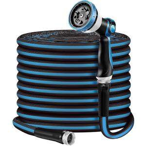 Non-Expanding Garden Hose 100ft, Flexible, Burst-Resistant, Anti-Kink, 10-Function Spray Nozzle, Lightweight & Durable for Outdoor Use (Blue or Green)