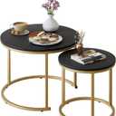 Garden 4 you Nesting Coffee Table, Round Coffee Table Set of 2, Nesting Tables for Living Room Bedroom Balcony, Wooden Stacking Accent Coffee Tables with Metal Frame, Black