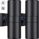 Modern Outdoor Wall Light with Dusk to Dawn Sensor, Exterior Light Fixture Wall Mount Waterproof Anti-Rust Cylinder, Up and Down 2 Lights Black Sconces for Porch Patio House Outside Entryway, 2-Pack