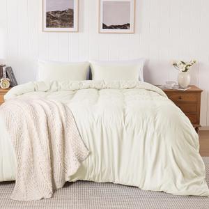 Beige Super Soft Duvet Cover Queen Size, 3 Pcs Prewashed Microfiber Cotton-Like Bedding Set Comforter Cover with Button Closure, Includes 1 Breathable Duvet cover 90x90 " & 2 Pillowcases, No Comforter