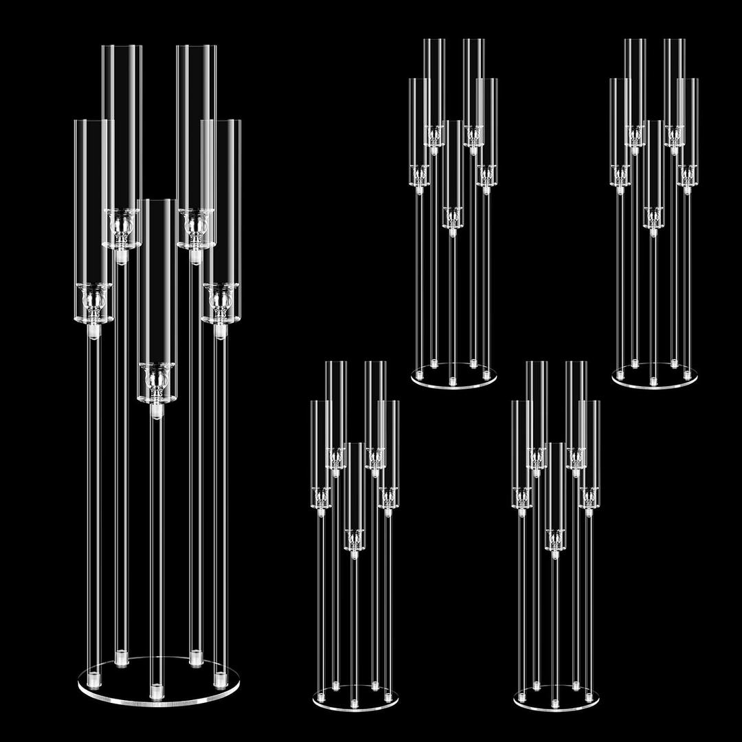 4 set 5 Arms 34.6'' Acrylic Candelabra Centerpieces for Wedding Table Decorations,Clear 5 Arms Candlesticks Holder with Acrylic Shade for Valentine's Day Dinner Party Fireplace Gift Fit LED Candle