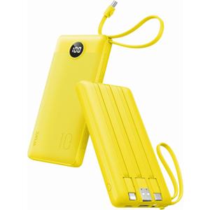 VRURC Portable Charger with Built-in Cables, 10000mAh LED Display USB C Power Bank, Slim Travel Battery Pack with 5 Output 2 Input Compatible with iPhone 17 16 15 13,Samsung,Android etc-Yellow(1 Pack)
