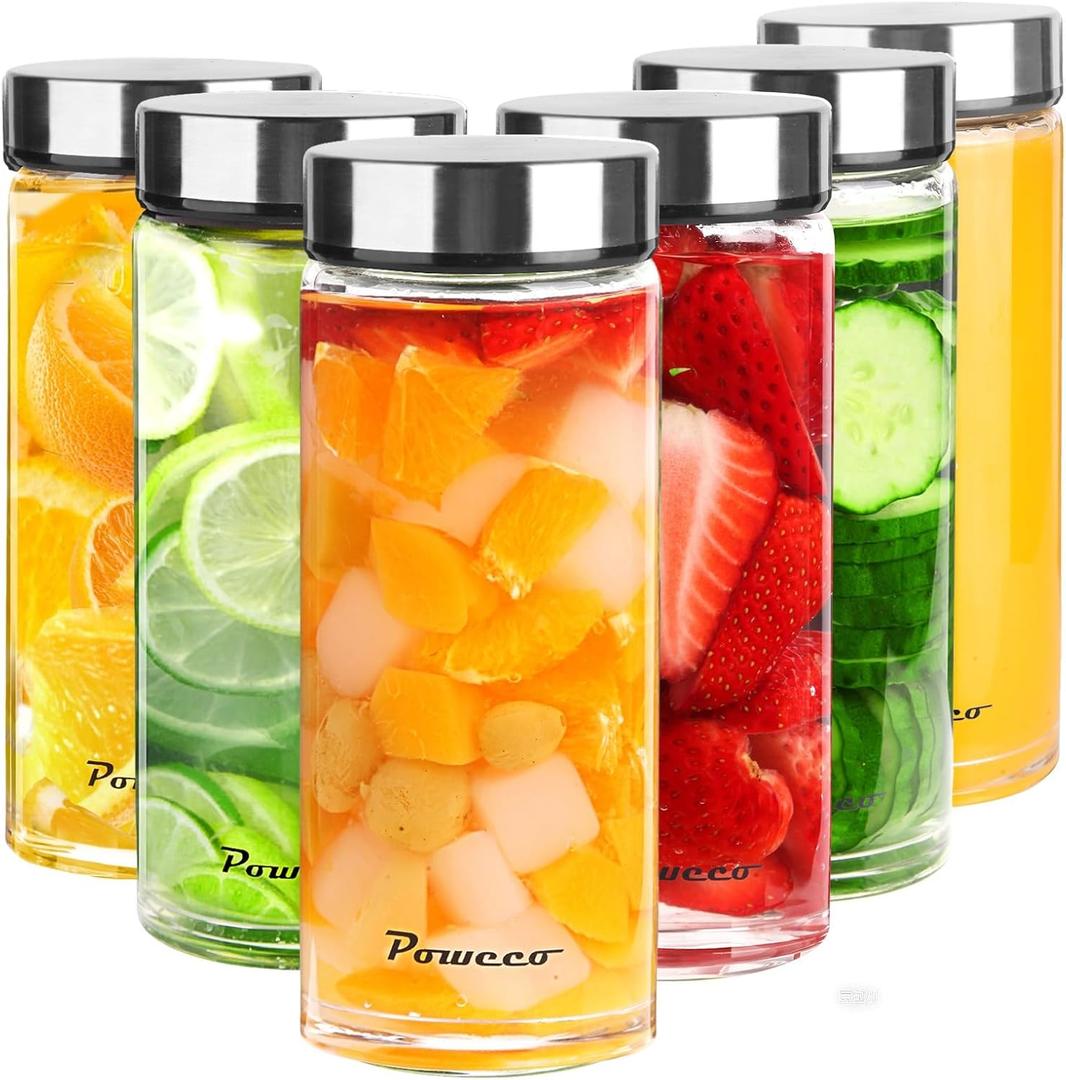 16oz Glass Juice & Water Bottles with Lids, 6-Pack Wide Mouth Borosilicate Glass Bottles Reusable, Leakproof & Dishwasher Safe, for Smoothies, Juicing, Protein Shakes & Shaker Bottles (500ml)