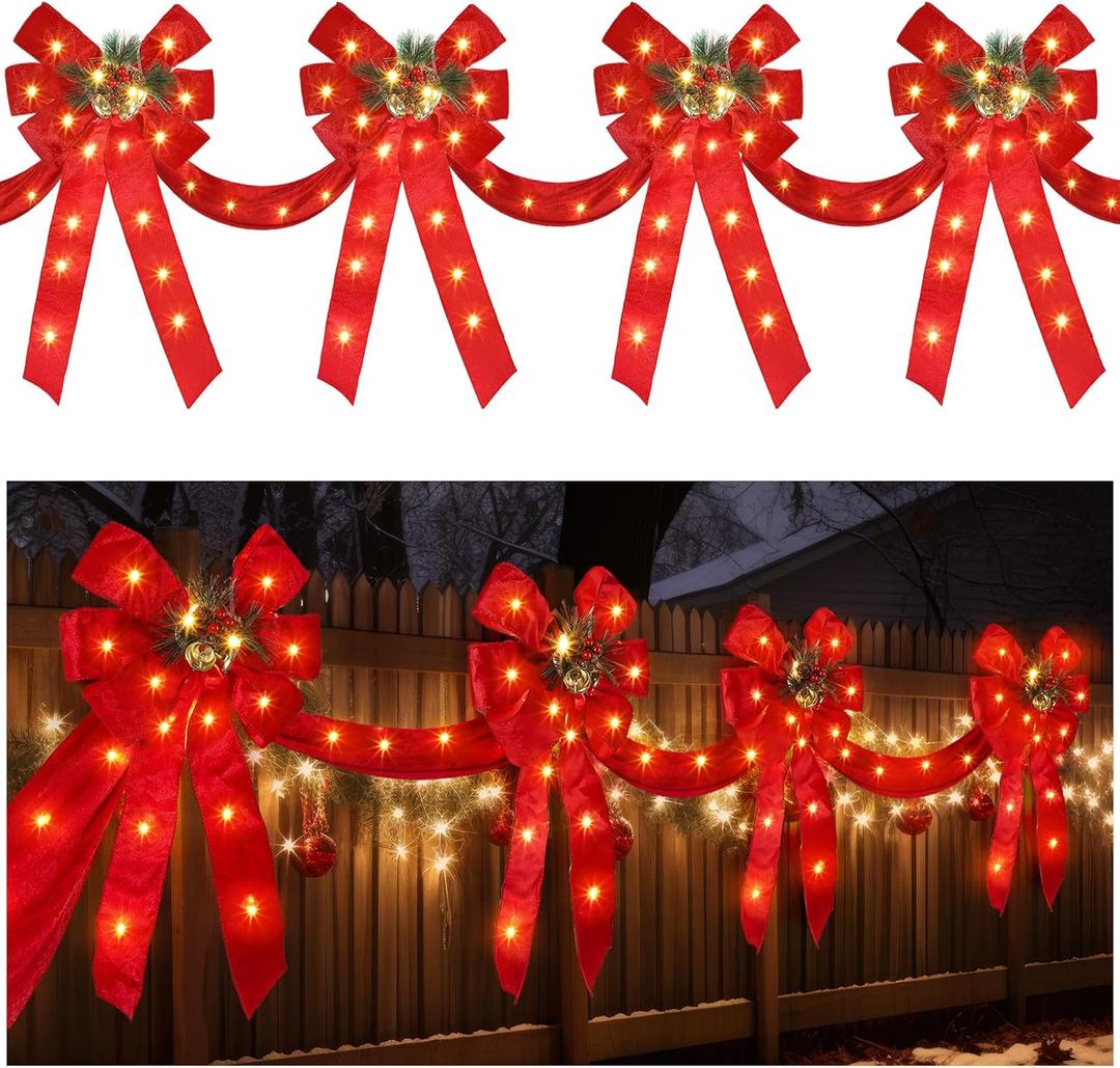 13 FT Christmas Bows Fence Decoration, 140LED Lighted Large Christmas Bows Decoration with 8 Mode and Timing Ornament for Party Front Door Fireplace (Red, Ribbon)