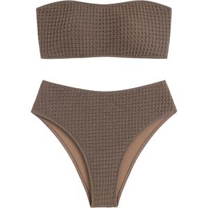 ZAFUL Women's High Cut Bandeau Bikini Set Strapless Solid Color 2 Pieces Bathing Suit Swimsuit (Large, 7-brown)