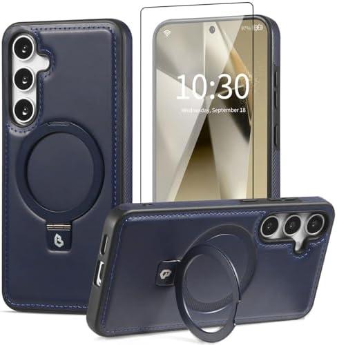 Bullroye for Samsung Galaxy S25 Plus Case with Stand Magnetic, Compatible with MagSafe Ring Leather Case, with Camera Lens and Screen Protector, Protective Military Grade Shockproof, Navy