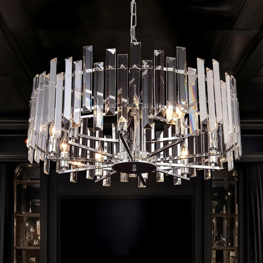 Chrome Crystal Chandelier Modern Chandelier for Dining Rooms, Raindrop Round Pendant Ceiling Lights Fixtures for Living Room Entryway Bedroom W27.55'' 10 Light