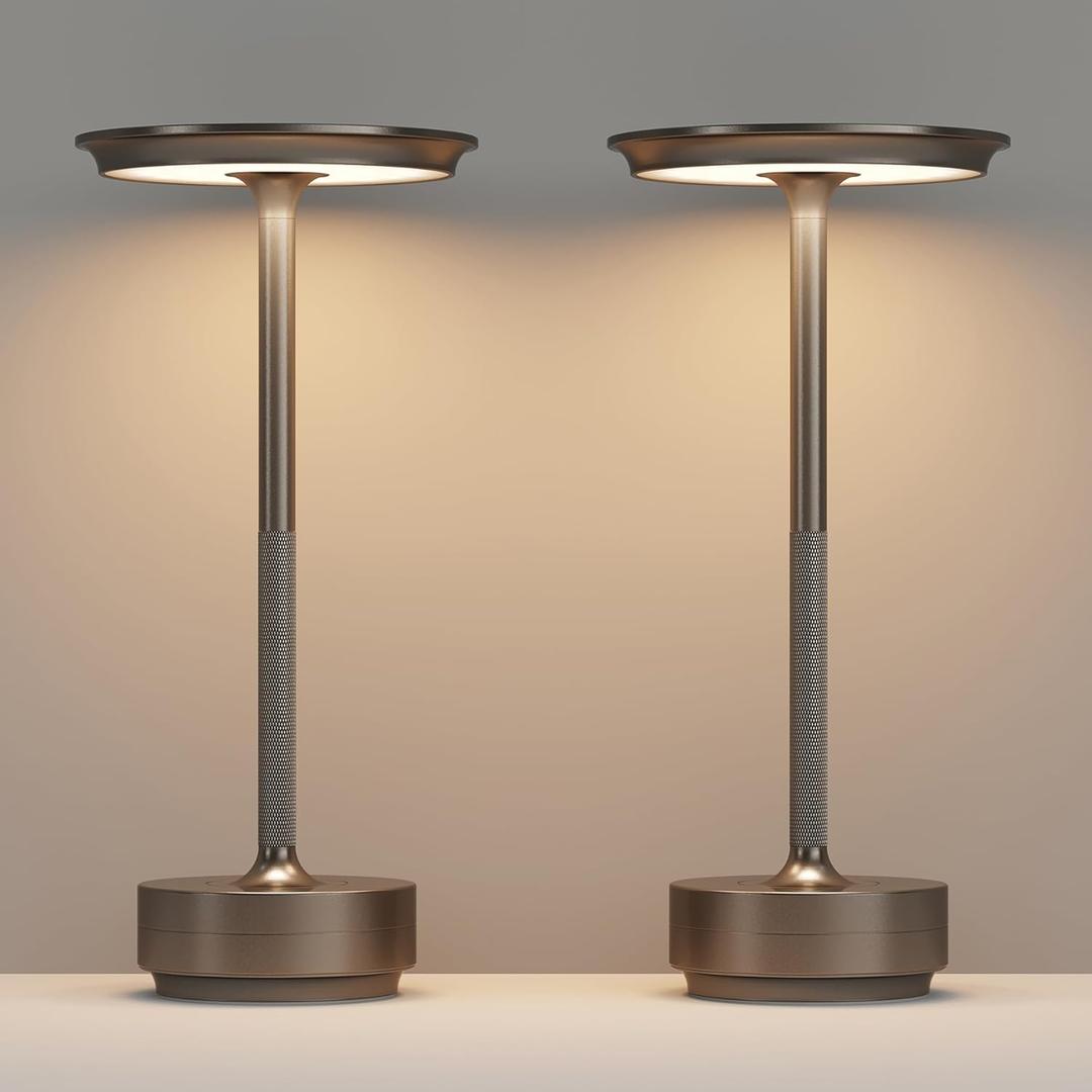 2 Pack Cordless Table Lamps Rechargeable, Portable 5000mAh LED Table Light, 3 Color Stepless Dimming Battery Powered Table Lamp for Bedroom/Home/Restaurant/Outdoor.(Cafe)